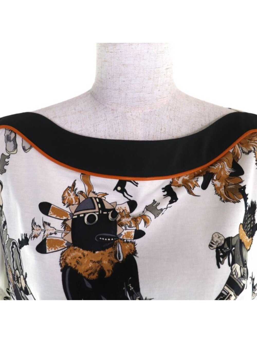 Hermes Kachinas 100% Cotton Ethnic Pattern Leather Use Boat Neck Short Sleeve - Picture 5 of 10